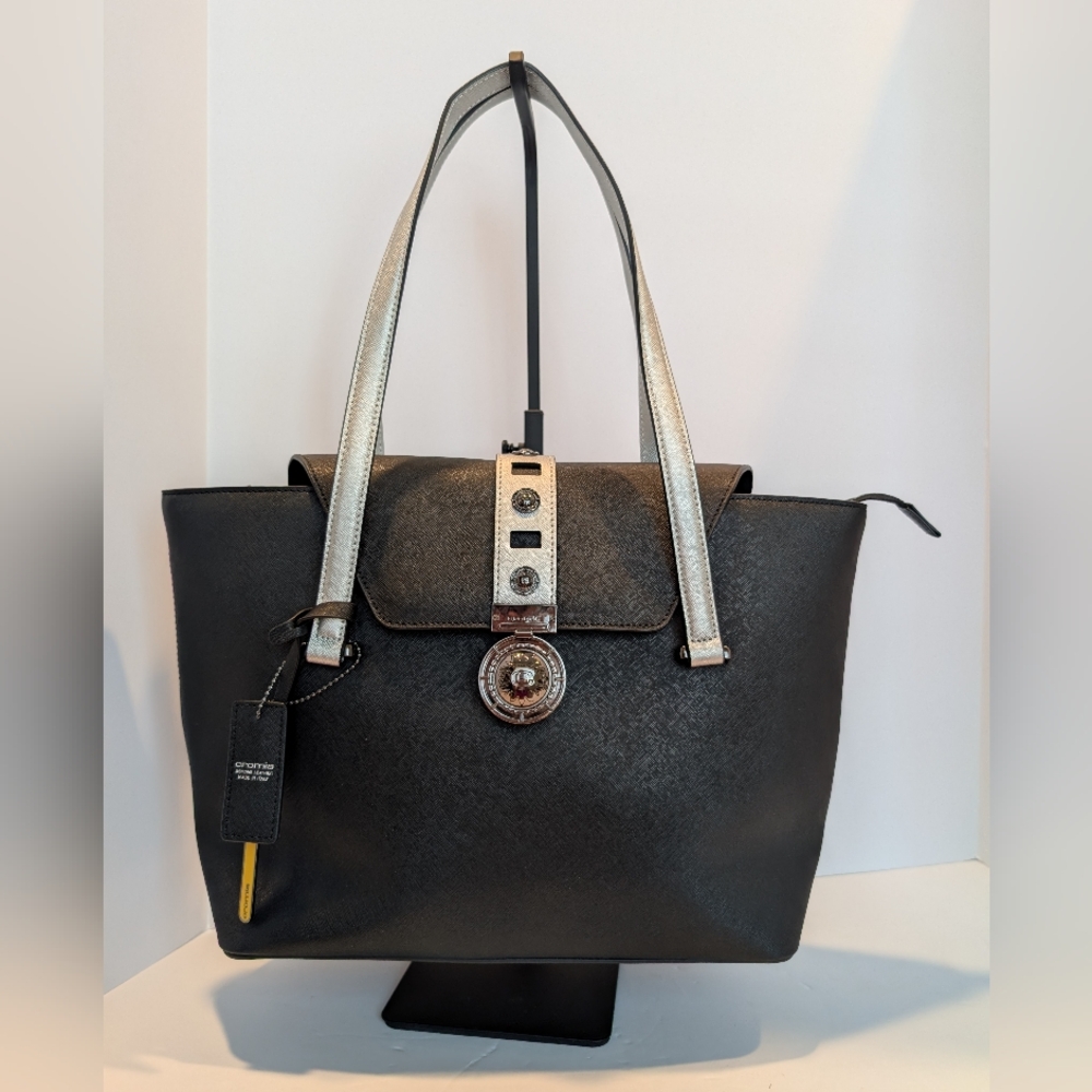 Cromia Satchel Leather Black and Silver Handbag - Made In Italy EUC